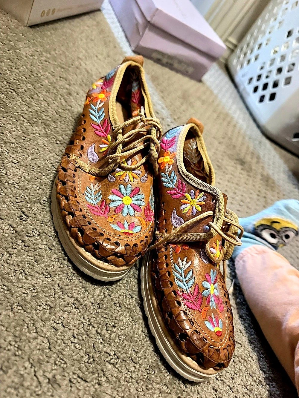 Embroidered Brown & Multicolor Moccasin Shoes